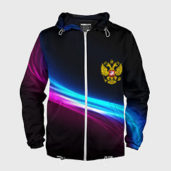 Ветровка с капюшоном мужская Россия неоновые волны, цвет: 3D-белый