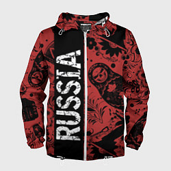Ветровка с капюшоном мужская Россия на фоне матрёшек балалайки и славянских узо, цвет: 3D-белый