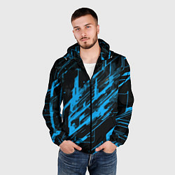 Ветровка с капюшоном мужская Blue stripes on a black background, цвет: 3D-черный — фото 2