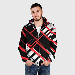 Ветровка с капюшоном мужская Красно-белые линии на чёрном фоне, цвет: 3D-белый — фото 2