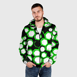 Ветровка с капюшоном мужская Бело-зелёные шестиугольники на чёрном фоне, цвет: 3D-черный — фото 2