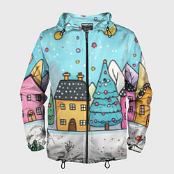 Ветровка с капюшоном мужская Новогодние рисованные домики, цвет: 3D-черный