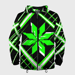 Ветровка с капюшоном мужская Зелёно-белая звезда и полосы на чёрном фоне, цвет: 3D-черный
