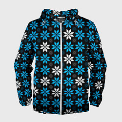 Ветровка с капюшоном мужская Бело-голубые звёзды на чёрном фоне, цвет: 3D-белый