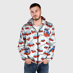 Ветровка с капюшоном мужская Снегири в шапочках на рябине, цвет: 3D-черный — фото 2
