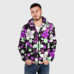 Ветровка с капюшоном мужская Фиолетово-белые цветы на чёрном фоне, цвет: 3D-черный — фото 2