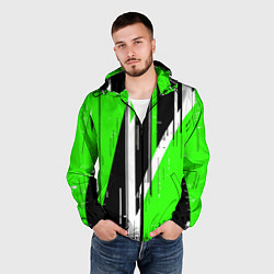 Ветровка с капюшоном мужская Чёрно-белые вертикальные полосы на зелёном фоне, цвет: 3D-черный — фото 2