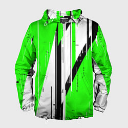 Ветровка с капюшоном мужская Black and white vertical stripes on a green backgr, цвет: 3D-белый