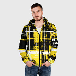 Ветровка с капюшоном мужская Жёлто-белый гранж на чёрном фоне, цвет: 3D-черный — фото 2