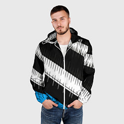 Ветровка с капюшоном мужская Диагональные чёрно-белые полосы на синем фоне, цвет: 3D-белый — фото 2