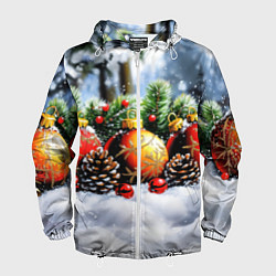 Ветровка с капюшоном мужская Красные и желтый новогодние шары, цвет: 3D-белый