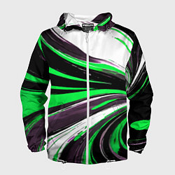 Мужская ветровка Волнистые чёрно-зелёные линии на белом фоне