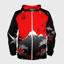 Ветровка с капюшоном мужская Японская гора и красная луна, цвет: 3D-белый