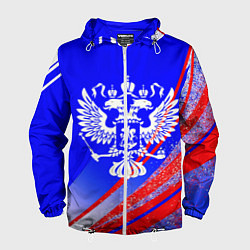 Ветровка с капюшоном мужская Герб России на фоне цветов флага синий, цвет: 3D-белый