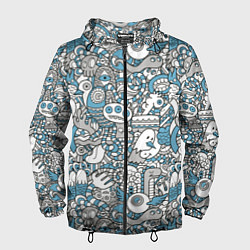 Ветровка с капюшоном мужская Дудлинг серо-голубой, цвет: 3D-черный