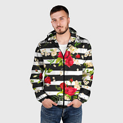 Ветровка с капюшоном мужская Красные розы на черных полосках, цвет: 3D-черный — фото 2