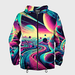 Ветровка с капюшоном мужская Неоновый разноцветный космос, цвет: 3D-черный