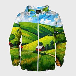 Ветровка с капюшоном мужская Русская деревенька, цвет: 3D-белый