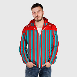 Ветровка с капюшоном мужская Красно синий комбинированный узор с полосами, цвет: 3D-белый — фото 2