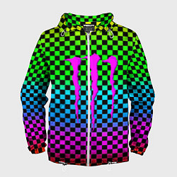 Ветровка с капюшоном мужская Monster energy неоновая клетка, цвет: 3D-белый