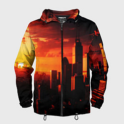 Ветровка с капюшоном мужская Стилизованный город оранжевый закат, цвет: 3D-черный