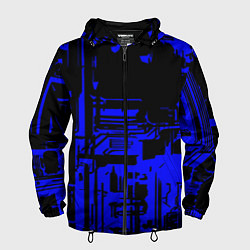 Ветровка с капюшоном мужская Чёрный и синий ультрамарин абстракция, цвет: 3D-черный