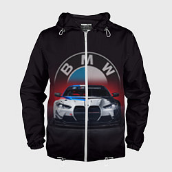 Ветровка с капюшоном мужская BMW на красном фоне, цвет: 3D-белый