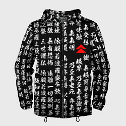 Ветровка с капюшоном мужская Иероглифы паттерн на черном фоне, цвет: 3D-черный
