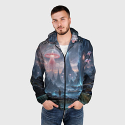 Ветровка с капюшоном мужская Фантастический мир с медузами и озеро у гор, цвет: 3D-черный — фото 2