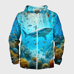 Ветровка с капюшоном мужская Белая акула в коралловом рифе, цвет: 3D-белый