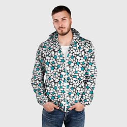 Ветровка с капюшоном мужская Мелкий синий белый мозаичный узор на черном, цвет: 3D-белый — фото 2