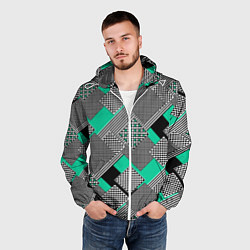 Ветровка с капюшоном мужская Черно бирюзовая абстрактная геометрия пэчворк, цвет: 3D-белый — фото 2