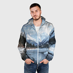 Ветровка с капюшоном мужская Снежный горный пейзаж с елями и рекой, цвет: 3D-белый — фото 2