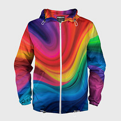 Ветровка с капюшоном мужская Смесь ярких красок волнистыми линиями, цвет: 3D-белый