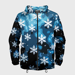 Ветровка с капюшоном мужская Стилизованный паттерн со снежинками тёмно-синий, цвет: 3D-черный