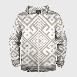 Ветровка с капюшоном мужская Славянские узоры в бежевом цвете, цвет: 3D-белый
