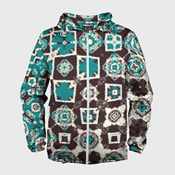 Ветровка с капюшоном мужская Бирюзово-коричневая геометрическая текстура, цвет: 3D-белый