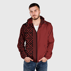 Ветровка с капюшоном мужская Узоры славянские в красном цвете, цвет: 3D-черный — фото 2