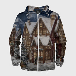 Ветровка с капюшоном мужская Новогодние дома, цвет: 3D-белый
