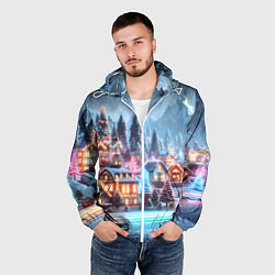 Ветровка с капюшоном мужская Городок в новогодних огоньках, цвет: 3D-белый — фото 2