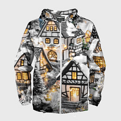 Ветровка с капюшоном мужская Объемные новогодние дома, цвет: 3D-белый