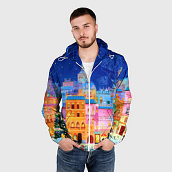 Ветровка с капюшоном мужская Разноцветные новогодние домики, цвет: 3D-белый — фото 2