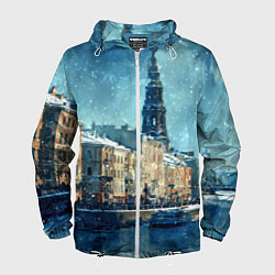 Ветровка с капюшоном мужская Снегопад в Санкт-Петербурге, цвет: 3D-белый