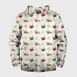 Ветровка с капюшоном мужская Зимний паттерн с оленем и чашками какао, цвет: 3D-белый