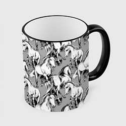 Кружка 3D Белые лошади - паттерн, цвет: 3D-черный кант