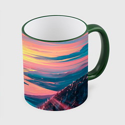 Кружка 3D Извилистая река закат природа, цвет: 3D-зеленый кант