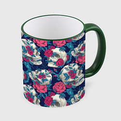 Кружка 3D Реалистичные черепа с розами, цвет: 3D-зеленый кант