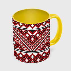 Кружка 3D Русский узор, геометрическая вышивка, цвет: 3D-белый + желтый