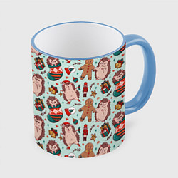 Кружка 3D Новогодний ёжик и щелкунчик, цвет: 3D-небесно-голубой кант