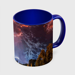 Кружка 3D Грозовые разряды молний над лесом, цвет: 3D-белый + синий